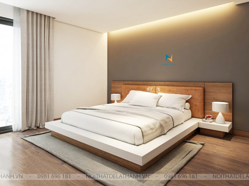 Chiếc giường bay phong cách Nhật Bản, chất liệu gỗ công nghiệp, kích thước 1m8x2m, đầu nệm bọc da