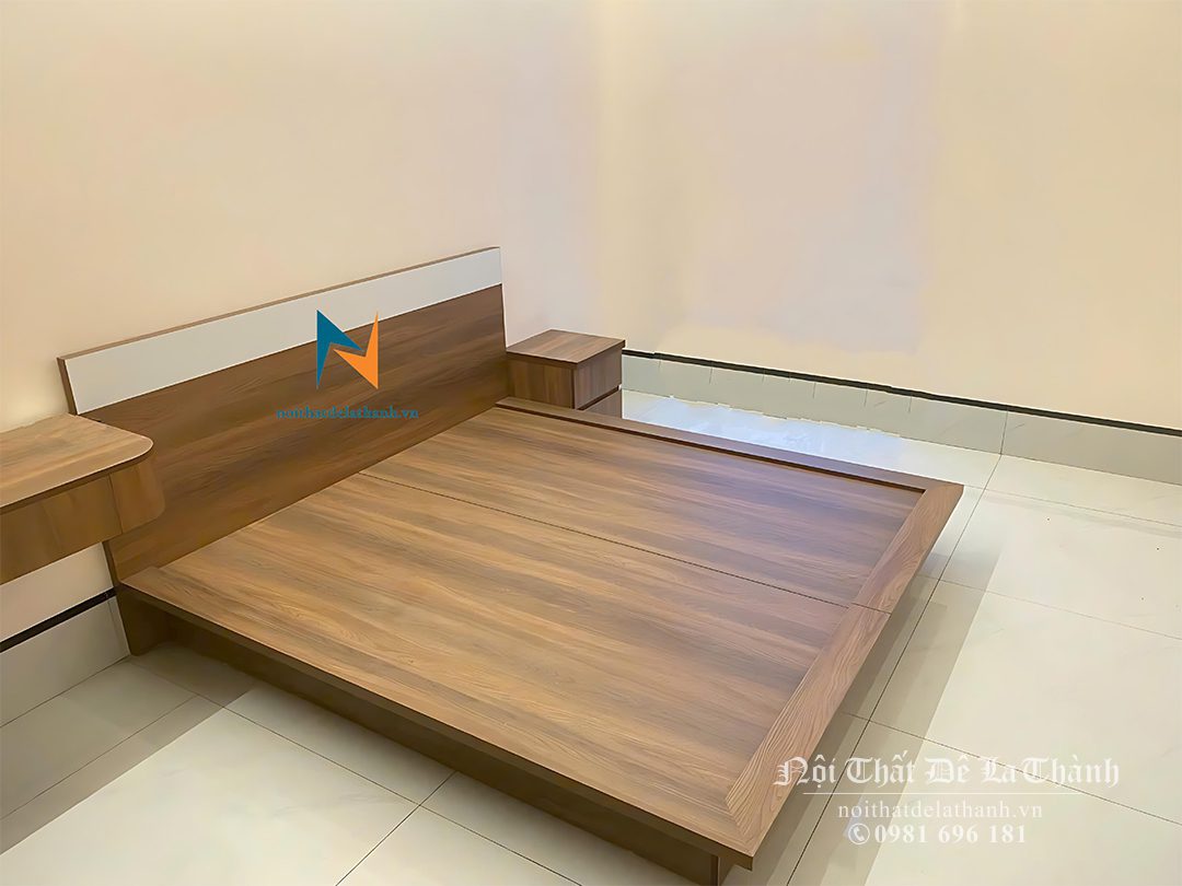 Chiếc giường bay kiểu Nhật với thiết kế đặc trưng, chất liệu gỗ công nghiệp, kích thước 1m6x2m