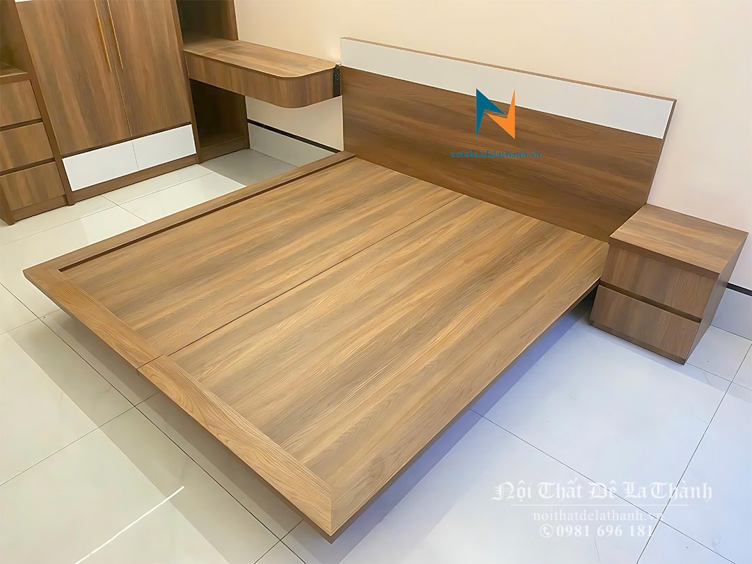 Chiếc giường bay phong cách Nhật Bản, màu nâu vân gỗ rất đẹp mắt