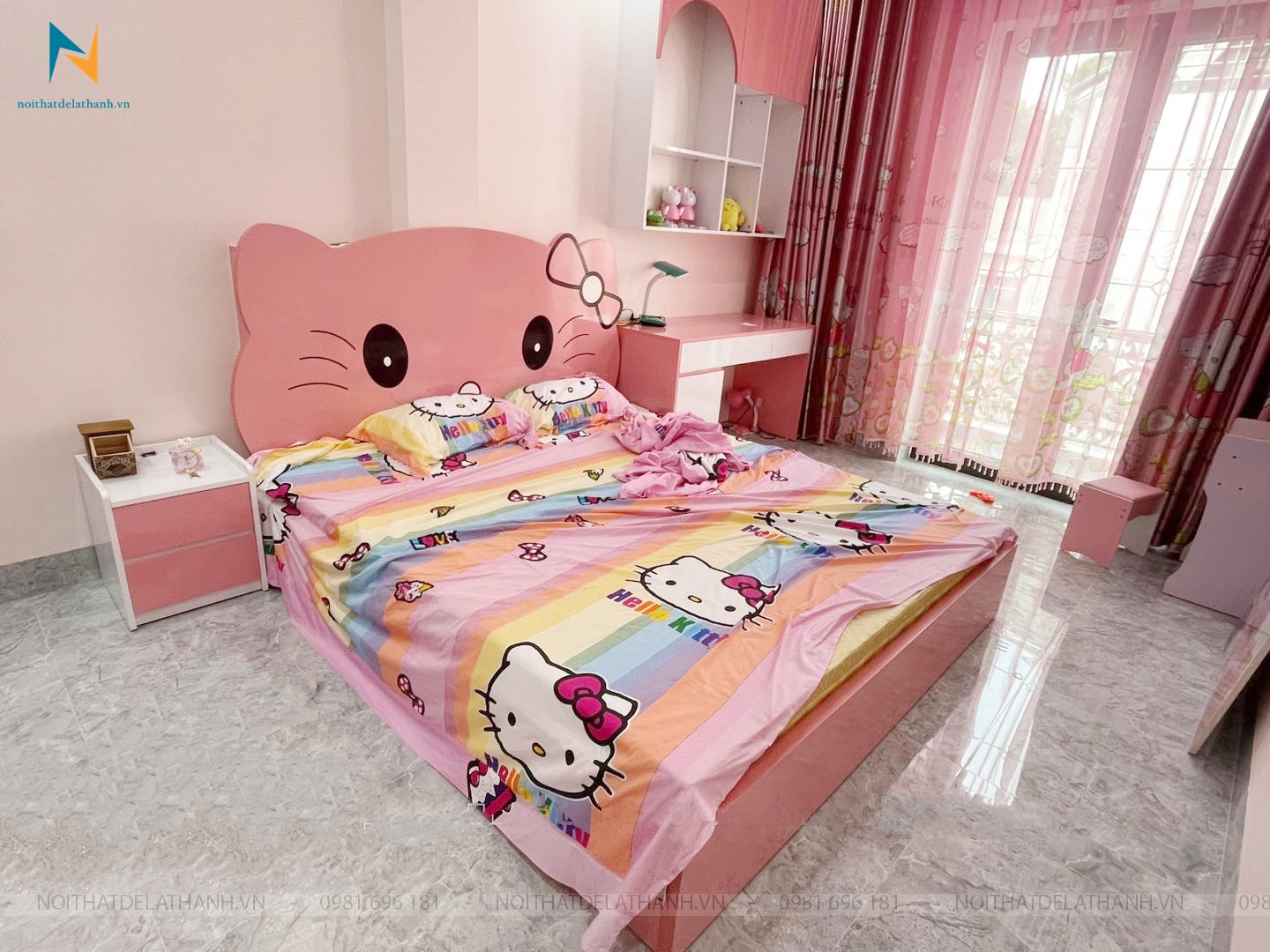 Giường hello kitty màu hồng gỗ công nghiệp mdf kích thước 1m4x2m dành cho bé gái