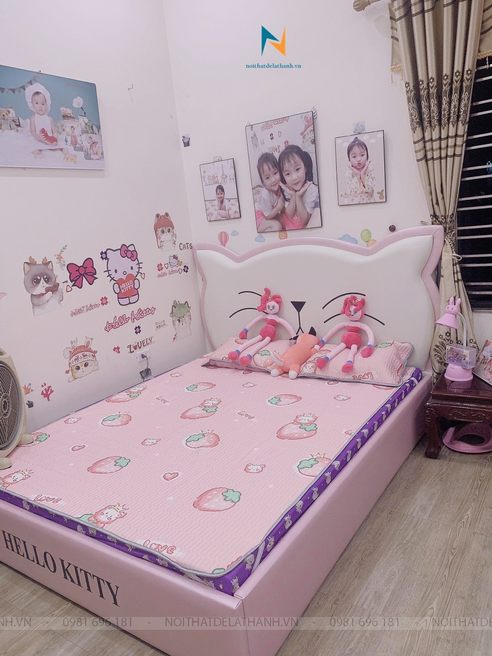 Giường hello kitty màu hồng dành cho bé gái, kích thước 1m2x1m9