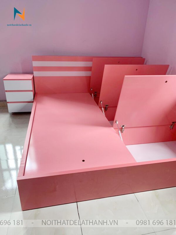 Chiếc giường thông minh bé gái màu hồng, 3 tấm lật, 3 ngăn kéo, đầu giường có 2 kẻ trắng