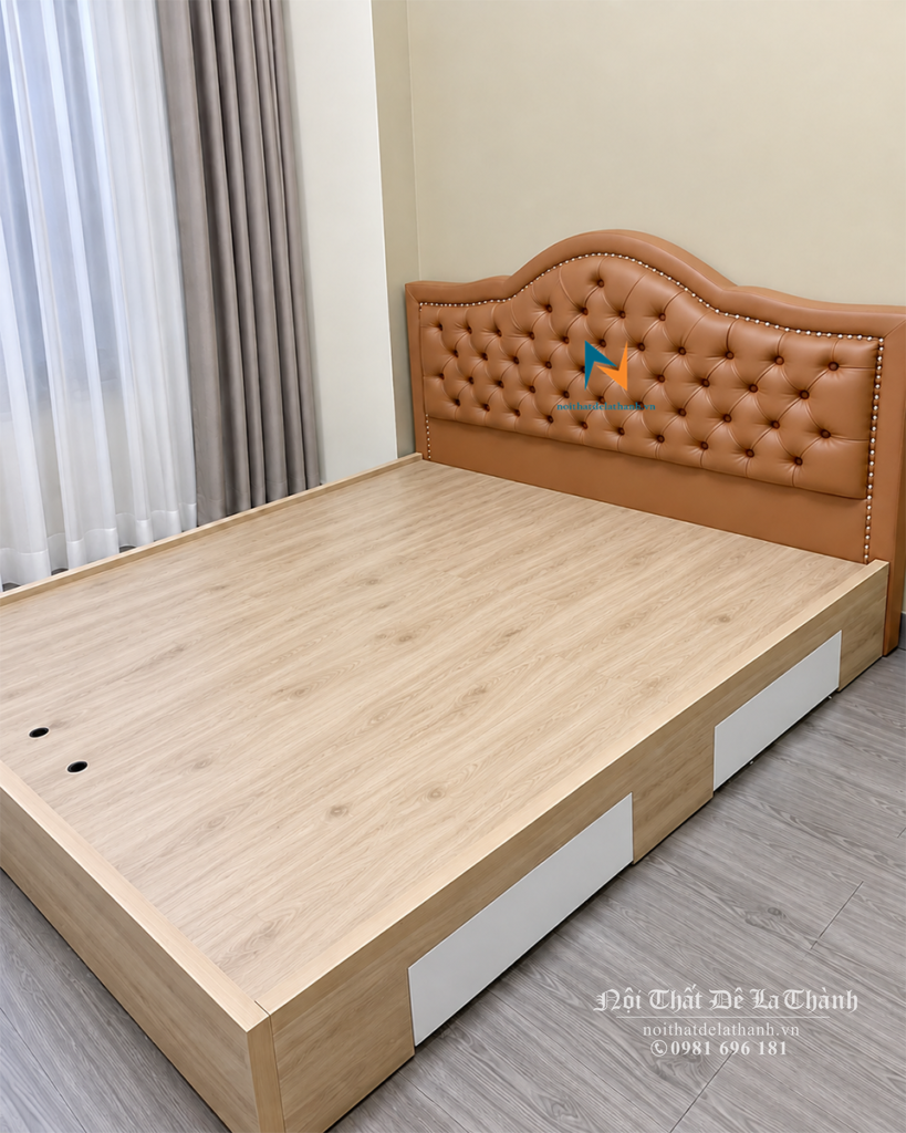 Giường gỗ bọc nệm đầu giường 1m6x2m có hộc kéo – Nội Thất Đê La Thành
