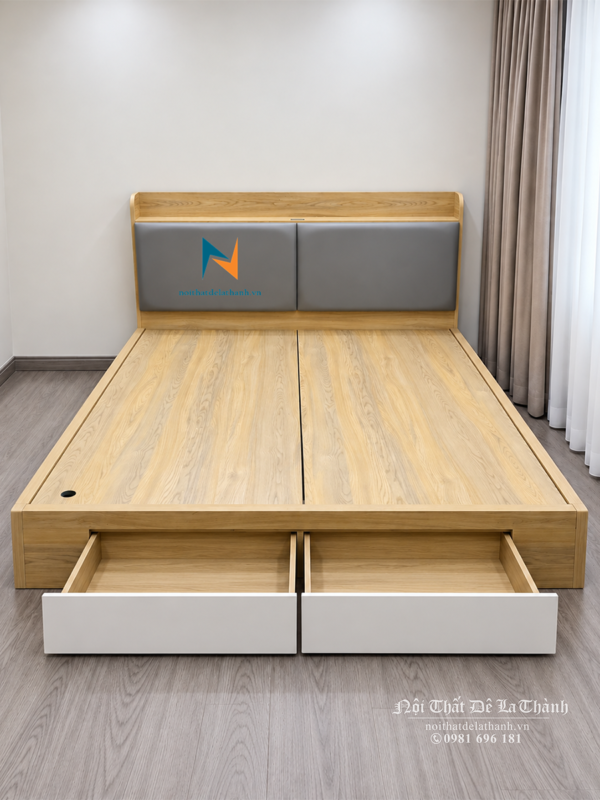 Chiếc giường gỗ công nghiệp MDF 1m8x2m được thiết kế theo phong cách hiện đại với đầu hộp bọc da, 2 ngăn kéo ở đuôi giường