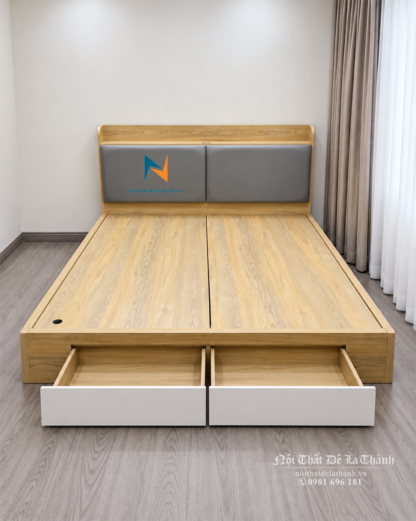 Chiếc giường gỗ công nghiệp MDF 1m8x2m được thiết kế theo phong cách hiện đại với đầu hộp bọc da, 2 ngăn kéo ở đuôi giường