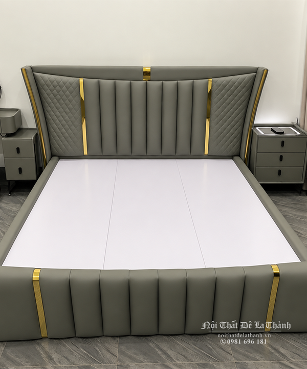 Chiếc giường ngủ bọc da toàn thân phong cách châu Âu, kích thước 1m6x2m, chất liệu gỗ MDF bên trong, bọc da toàn thân bên ngoài