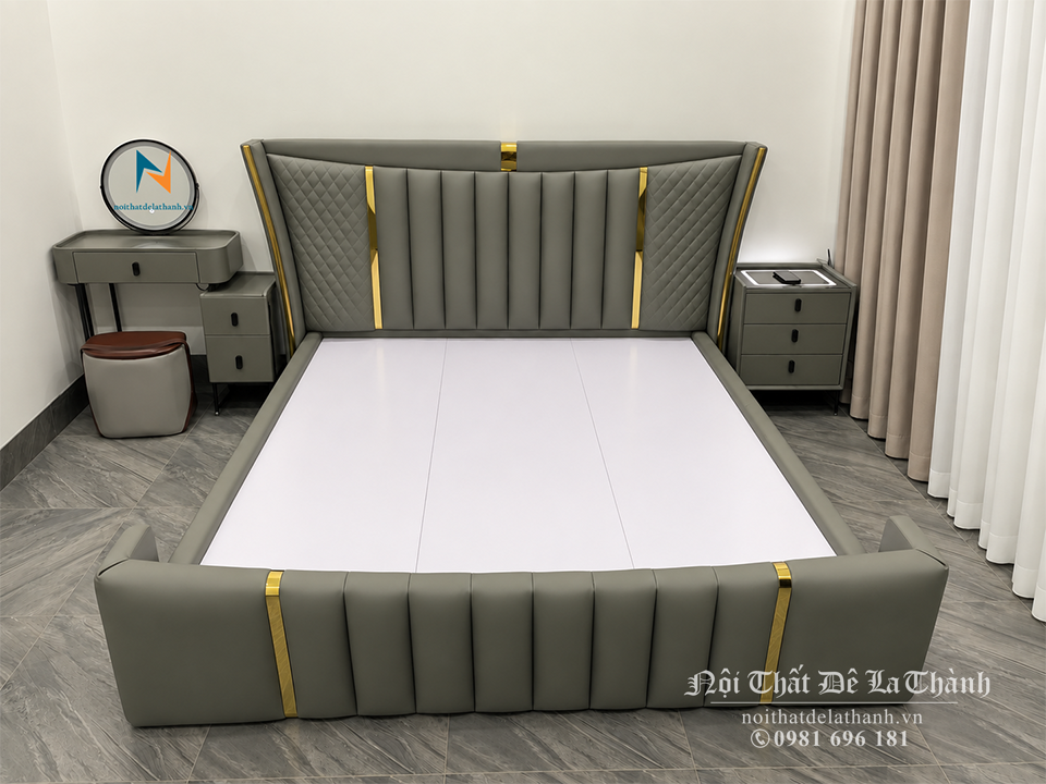 Chiếc giường ngủ bọc da toàn thân phong cách châu Âu, kích thước 1m6x2m, chất liệu gỗ MDF bên trong, bọc da toàn thân bên ngoài