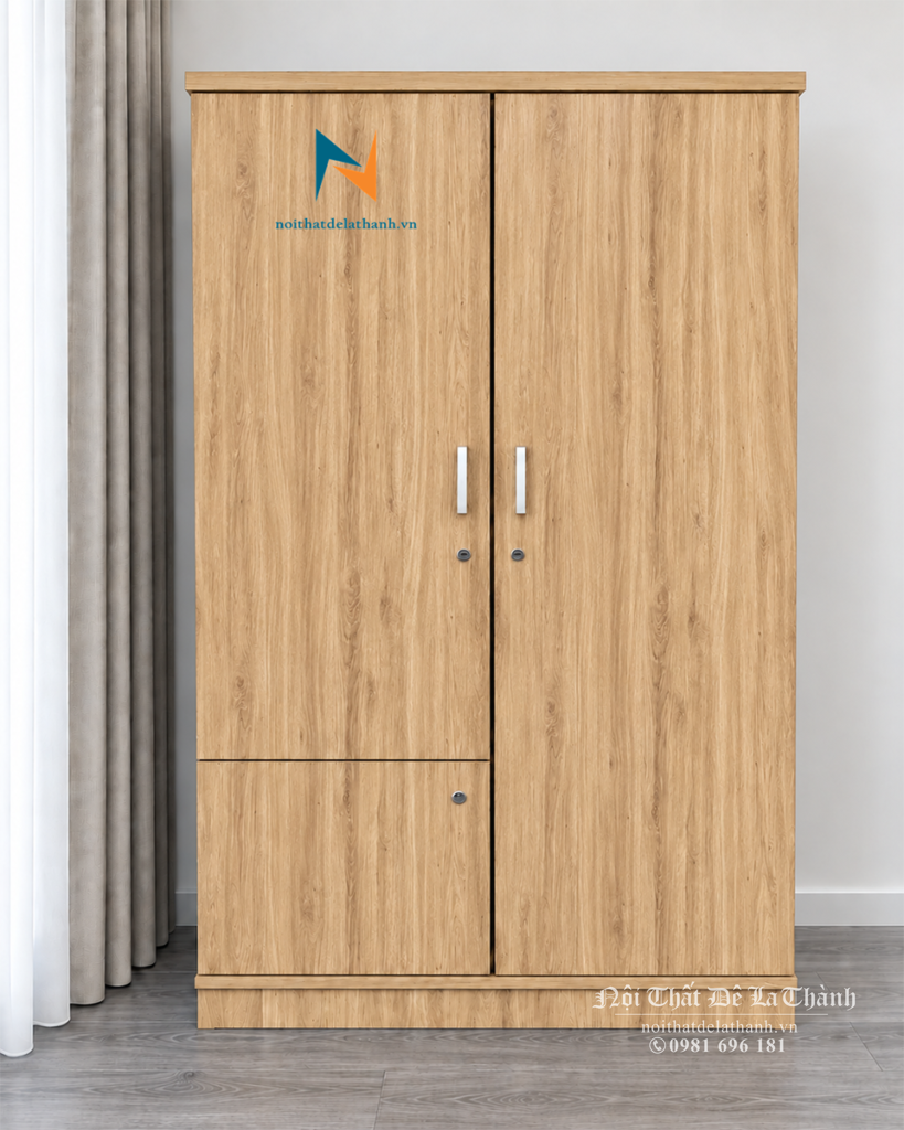 Chiếc tủ 2 cánh giá rẻ có lớp bề mặt melamine màu 388 là màu vàng nâu có hoạ tiết gỗ sồi đẹp mắt