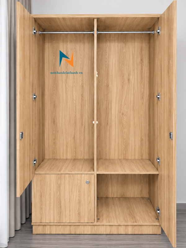 Thiết kế bên trong chiếc tủ áo 2 cánh giá rẻ, với 1 cánh dài, 1 cánh còn lại chia đôi thành cánh dài bên trên, cánh cộc bên dưới, 2 khoang lớn bên trên và 2 ô nhỏ bên dưới, kích thước 1mx1m85