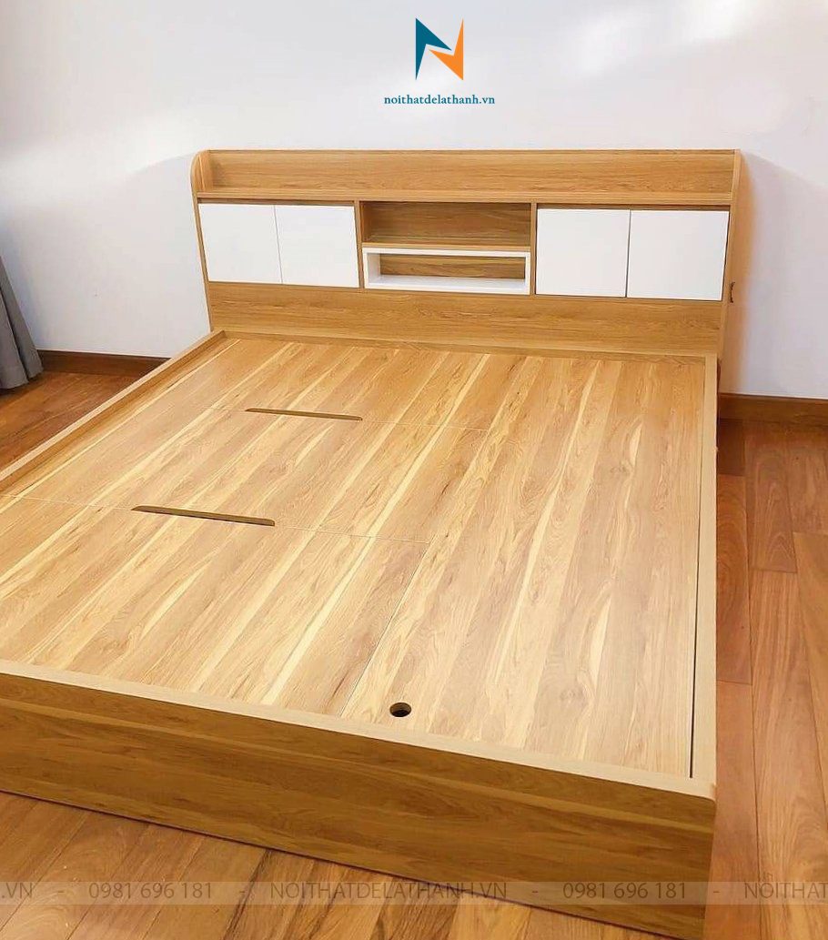 Chiếc giường ngủ thông minh màu vàng pha trắng, chất liệu gỗ mdf phủ melamine, kích thước 1m6x2m, thiết kế kiểu đầu hộp và 3 tấm phản lật piston thông minh