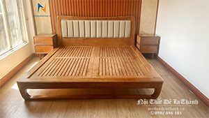 Ảnh thực tế chiếc giường ngủ gỗ sồi 1m8, phân khúc cao cấp, đầu bọc nệm da