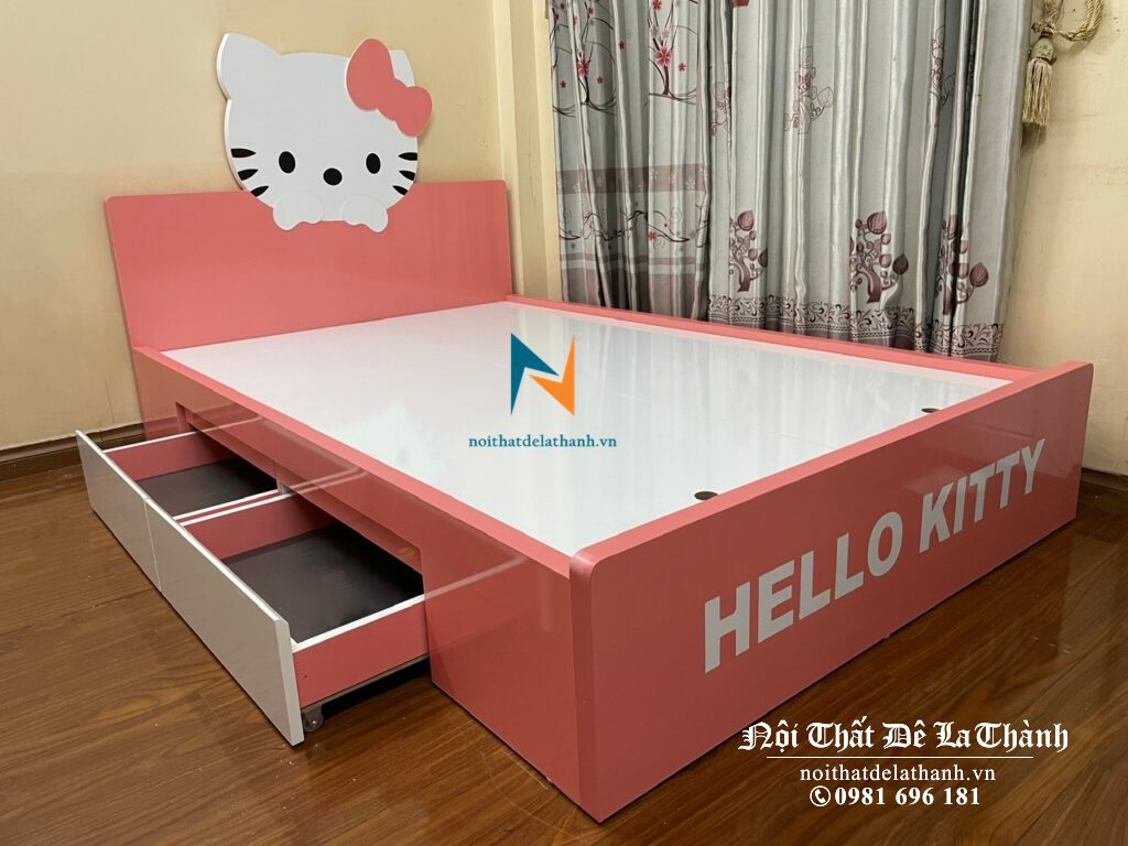 Chiếc giường hello kitty màu hồng pha trắng dành cho con gái siêu xinh, chất liệu gỗ công nghiệp mdf bền đẹp, kích thước 1m2x1m9