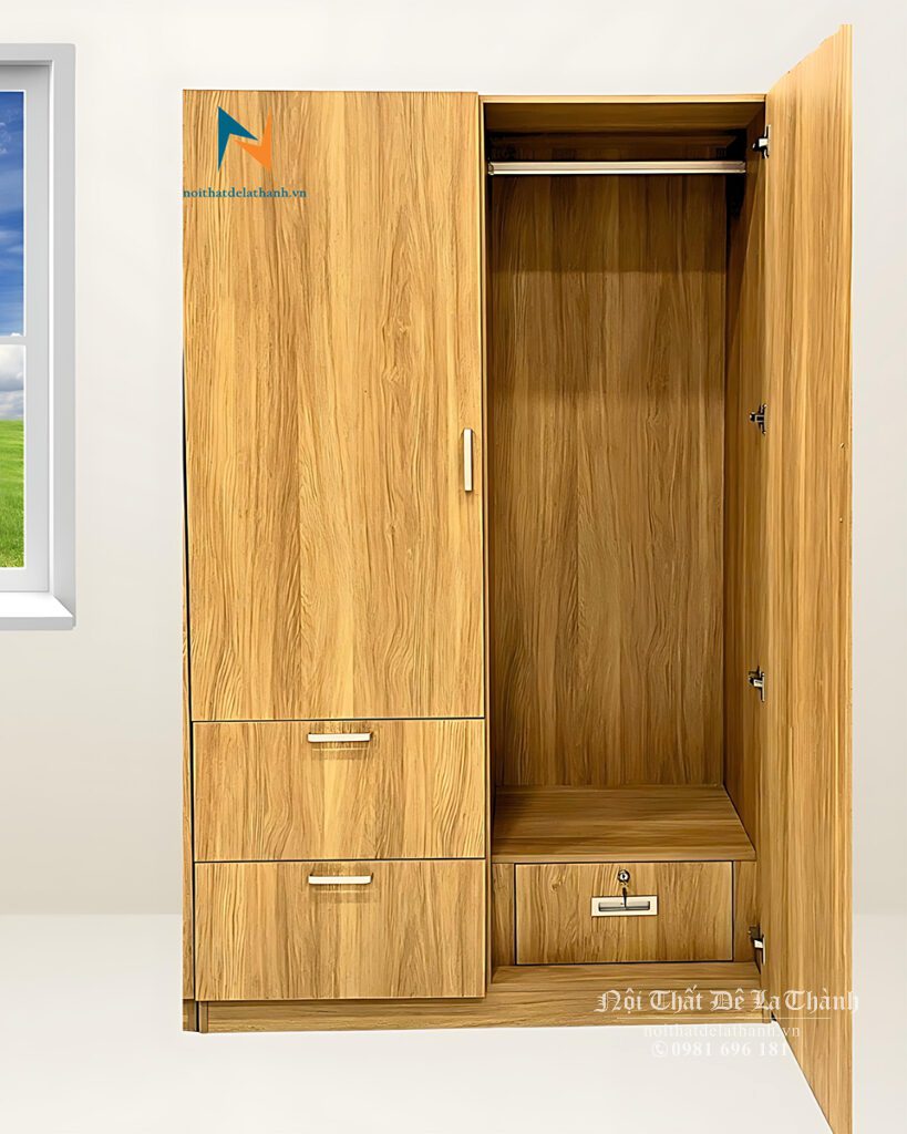 Tủ gỗ công nghiệp mdf 1mx2m, màu 388, thiết kế theo phong cách hiện đại, gồm 2 cánh mở, bên trong có két đựng đồ, bên ngoài có 2 ngăn kéo tiện dụng