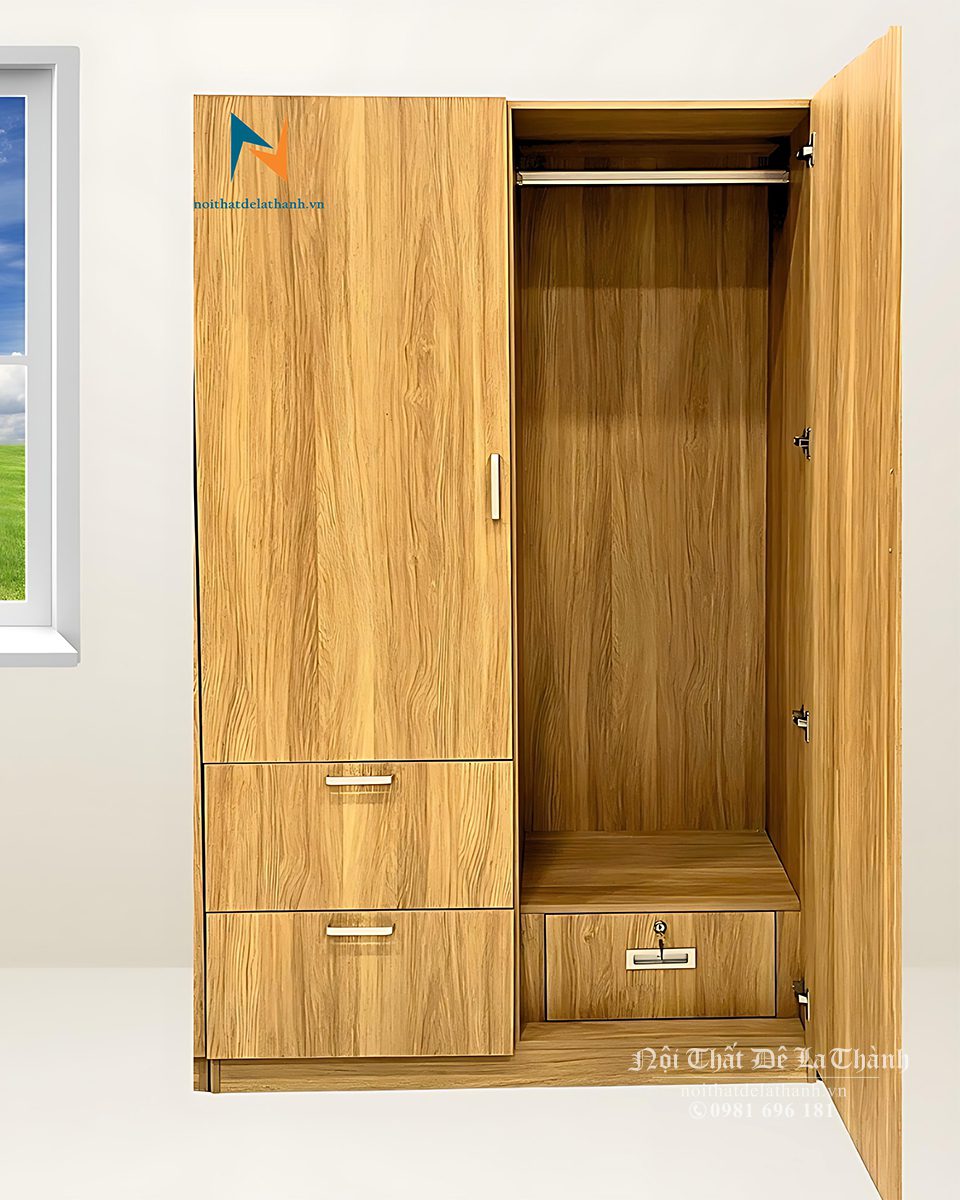 Tủ gỗ công nghiệp mdf 1mx2m, màu 388, thiết kế theo phong cách hiện đại, gồm 2 cánh mở, bên trong có két đựng đồ, bên ngoài có 2 ngăn kéo tiện dụng