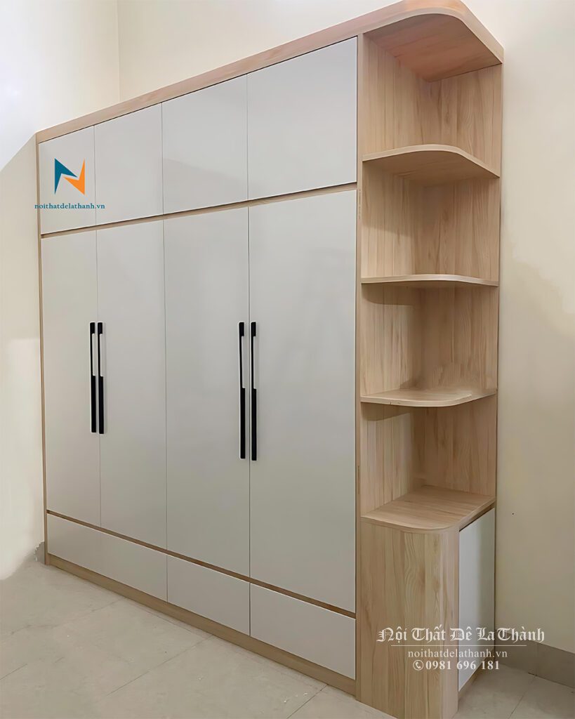 Chiếc tủ quần áo thiết kế theo phong cách hiện đại, 2 tầng, kích thước 2mx2m45, kèm kệ trang trí, chất liệu gỗ công nghiệp mdf, phối 2 màu vân gỗ và màu cánh ghi rất đẹp