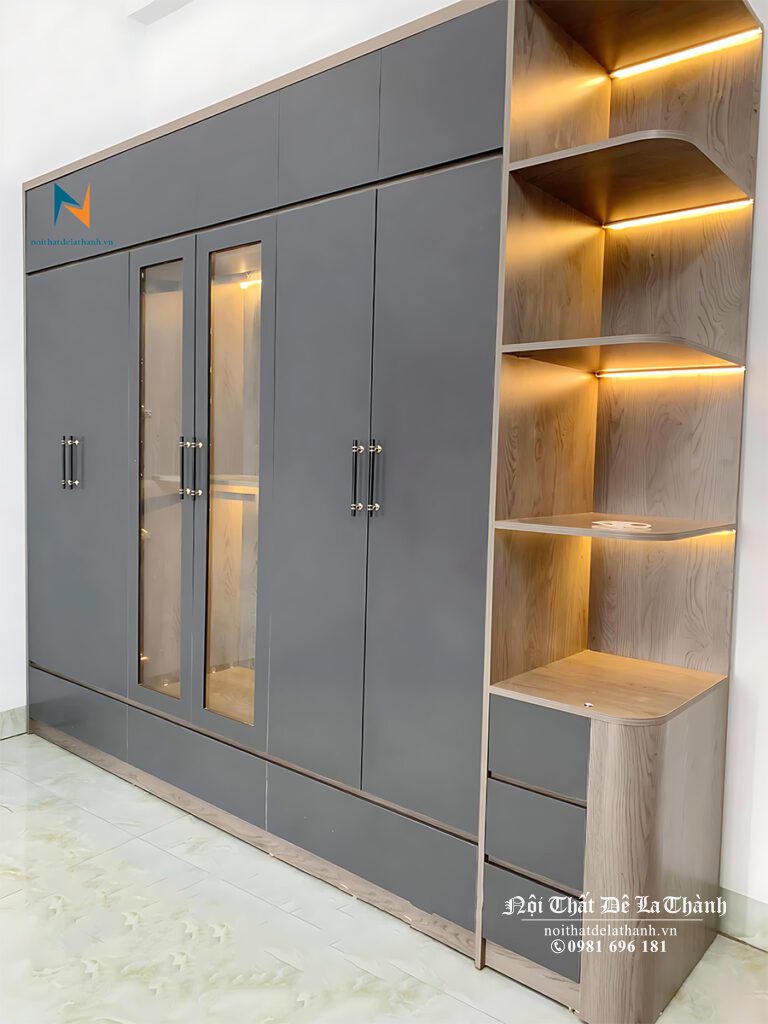 Chiếc tủ đẹp hiện đại 2m8x2m45 với 2 tầng, 6 cánh kèm kệ trang trí góc rất đẹp mắt
