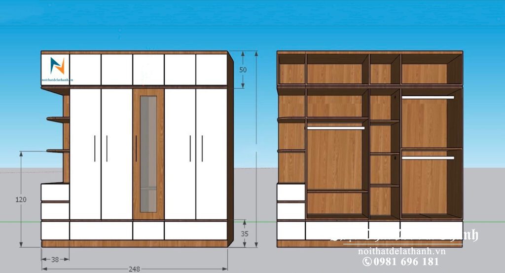 Bản thiết kế tủ quần áo gỗ ép hiện đại, 2m48x2m6 kịch trần, có 1 kệ trang trí góc trái, ở giữa có 1 cánh kính rất đẹp