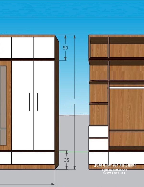 Bản thiết kế tủ quần áo gỗ ép hiện đại, 2m48x2m6 kịch trần, có 1 kệ trang trí góc trái, ở giữa có 1 cánh kính rất đẹp