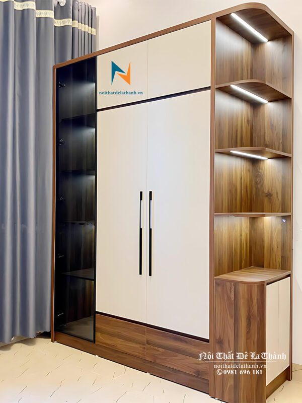 Tủ quần áo gỗ công nghiệp đẹp hiện đại, 2 tầng, gồm 2 cánh gỗ, 1 cánh kính và 1 kệ góc trang trí