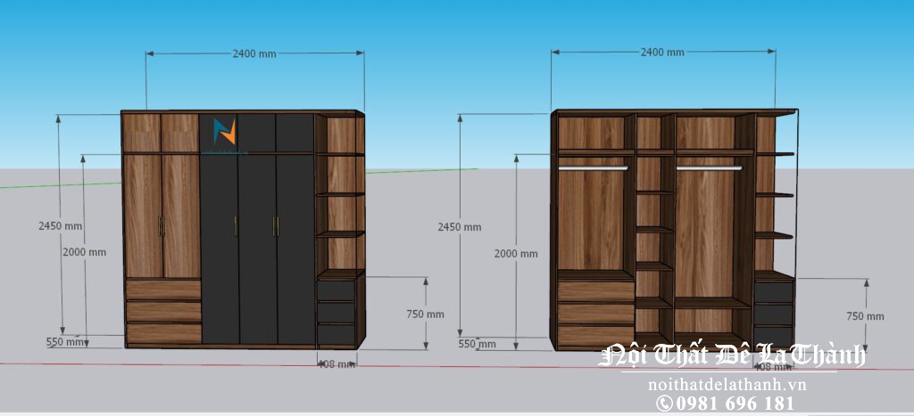 Bản thiết kế tủ quần áo hiện đại pha 2 màu óc chó và màu chì sang trọng, 3 buồng, 5 cánh, 2 tầng và 1 kệ góc trang trí