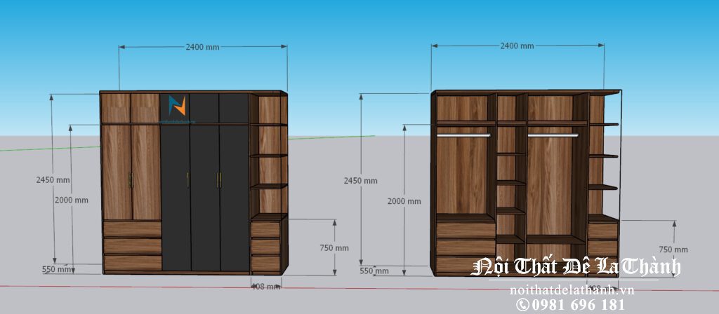 Bản thiết kế tủ quần áo với một lựa chọn màu khác ở các mặt ngăn kéo của kệ góc trang trí