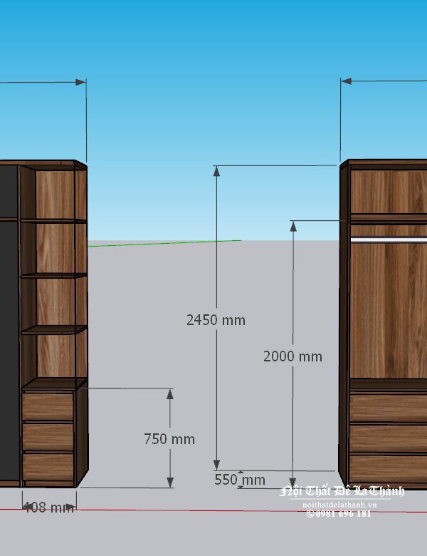Bản thiết kế tủ quần áo với một lựa chọn màu khác ở các mặt ngăn kéo của kệ góc trang trí