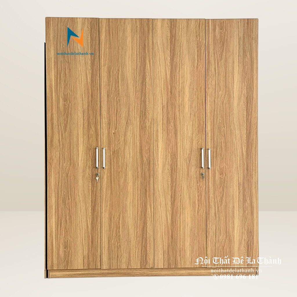 Chiếc tủ gỗ mdf phủ melamine thiết kế theo phong cách hiện đại, kích thước 1m8x2m, bên trong có các suốt treo, đợt và két gỗ