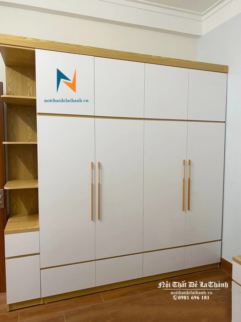 Tủ quần áo gỗ công nghiệp mdf, thiết kế có 2 tầng, kết hợp góc trang trí rất đẹp, kích thước 2mx2m45, thân tủ màu sồi, cánh màu trắng