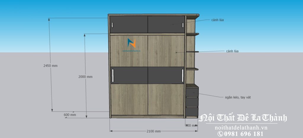 Bản vẽ thiết kế chiếc tủ cừa lùa 2m1x2m45 với 2 tầng và kệ trang trí trí góc