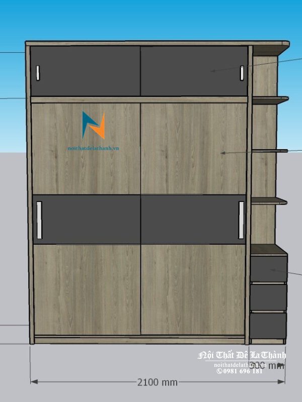 Bản vẽ thiết kế chiếc tủ cừa lùa 2m1x2m45 với 2 tầng và kệ trang trí trí góc
