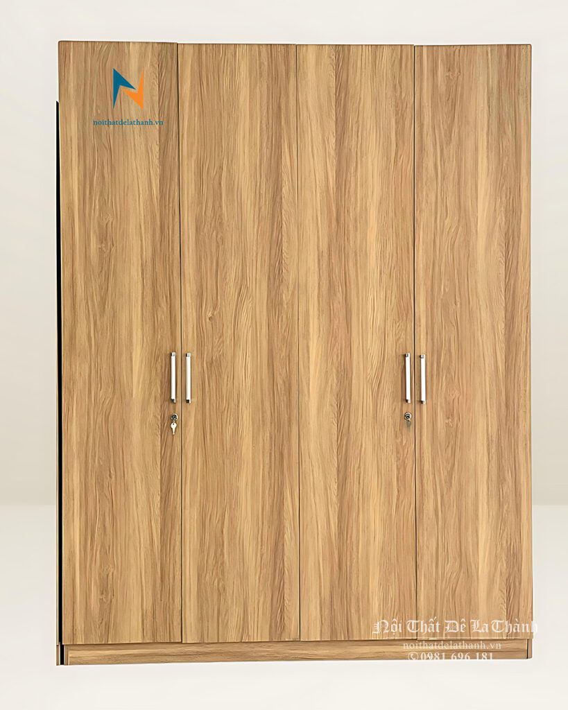 Chiếc tủ gỗ mdf phủ melamine thiết kế theo phong cách hiện đại, kích thước 1m8x2m45, bên trong có các suốt treo, đợt và két gỗ