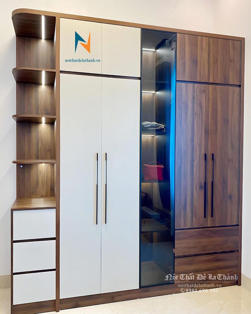 Chiếc tủ thiết kế cho phòng cưới tại chung cư gồm 2 tầng, được lắp đặt thêm đèn led rất đẹp