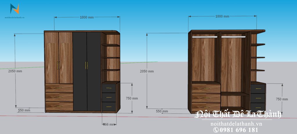 Bản vẽ thiết kế chiếc tủ đẹp 2m, phối 2 màu chì và óc chó, gồm 2 khoang, 4 cánh, 1 kệ trang trí góc, chất liệu gỗ công nghiệp mdf