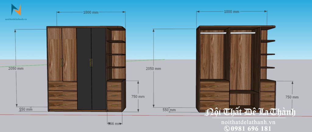 Bản vẽ thiết kế chiếc tủ hiện đại 2m với việc phối màu khác