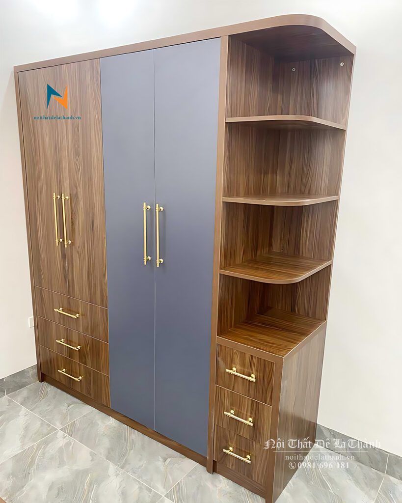Chiếc tủ áo gỗ công nghiệp hiện đại 2mx2m màu óc chó pha màu chì đẹp mắt