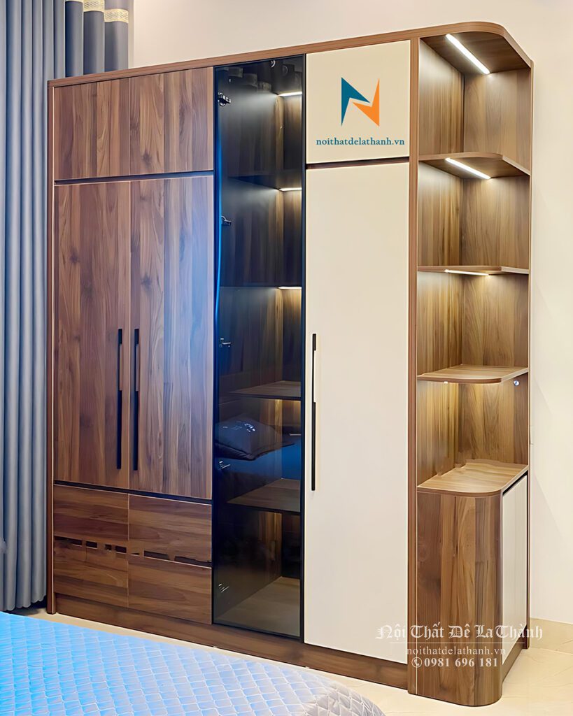 Chiếc tủ quần áo gỗ công nghiệp đẹp hiện đại, kích thước 2mx2m45, có 3 cánh gỗ, 1 cánh kính và 1 kệ góc trang trí