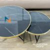 Bàn trà cặp đôi hình tròn, mặt đá ceramic với kích thước bàn nhỏ 50cm, bàn lớn 70cm, phối 2 màu đồng và đen rất sang trọng
