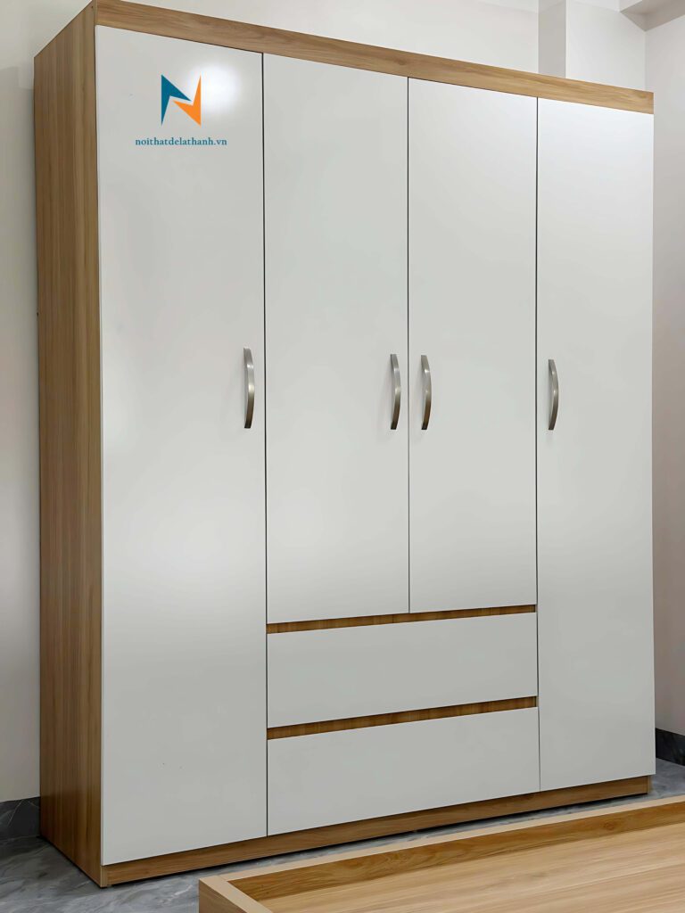 Ảnh thực tế chiếc tủ gỗ công nghiệp giá rẻ 1m6x2m: có 2 cánh dài, 2 cánh cộc, 3 buồng, 2 ngăn kéo, màu 388 pha màu trắng