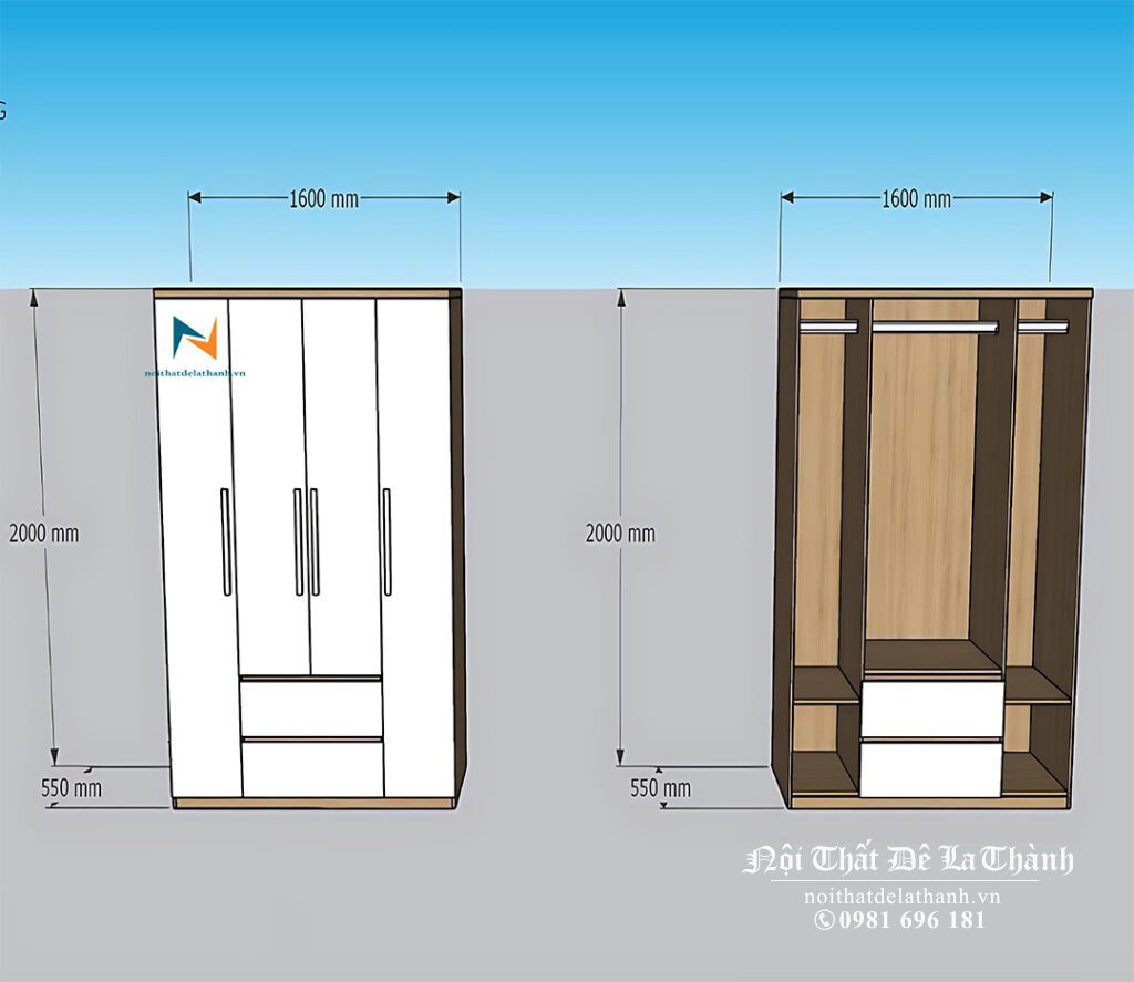 Bản thiết kế tủ giá rẻ 1m6x2m, gồm 2 cánh dài, 2 cánh ngắn, 2 ngăn kéo, màu 388 pha cánh màu trắng
