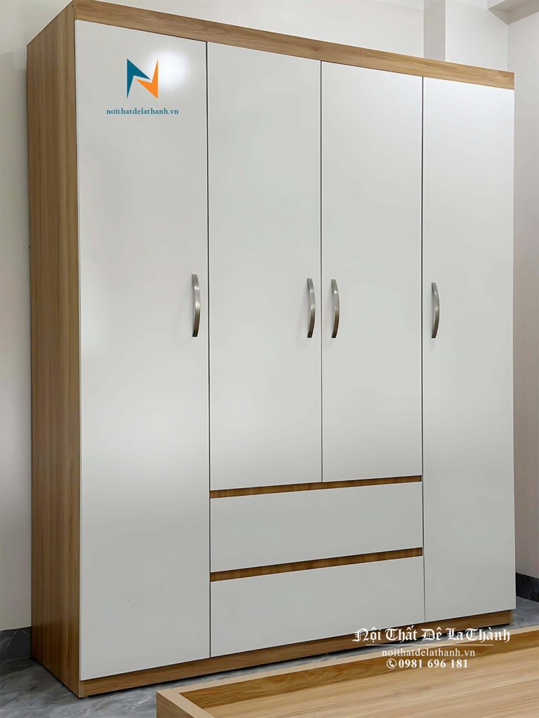 Ảnh thực tế chiếc tủ gỗ công nghiệp giá rẻ 1m6x2m: có 2 cánh dài, 2 cánh cộc, 3 buồng, 2 ngăn kéo, màu 388 pha màu trắng