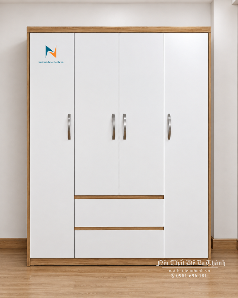 Ảnh thực tế chiếc tủ gỗ công nghiệp giá rẻ 1m6x2m: có 2 cánh dài, 2 cánh cộc, 3 buồng, 2 ngăn kéo, màu 388 pha màu trắng
