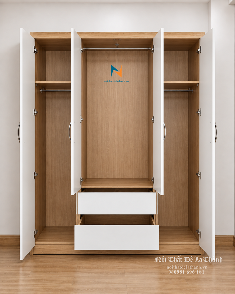 Bên trong chiếc tủ 1m6x3m, gồm 3 buồng và 2 ngăn kéo, có 2 ngăn gấp đồ, 2 suốt treo quần áo