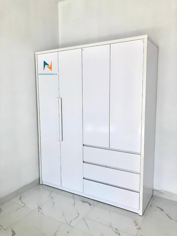 Tủ gỗ mdf giá rẻ, màu trắng, kích thước 1m6x2m, gồm 3 ngăn kéo, 2 buồng, 4 cánh