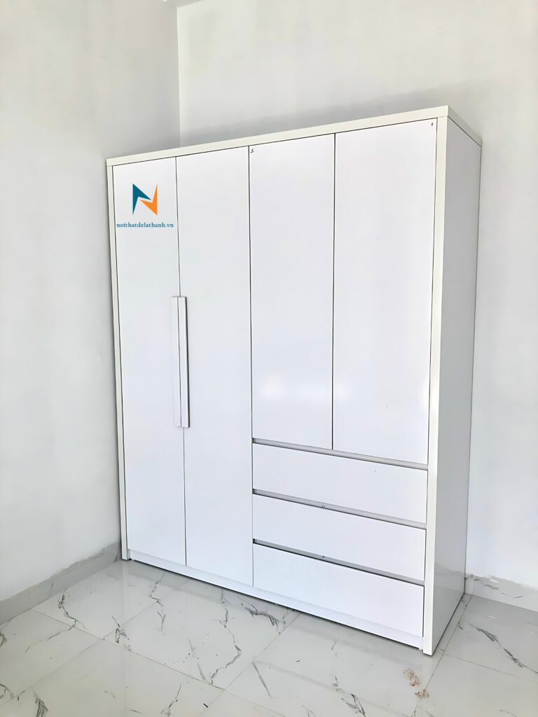 Tủ gỗ mdf giá rẻ, màu trắng, kích thước 1m6x2m, gồm 3 ngăn kéo, 2 buồng, 4 cánh