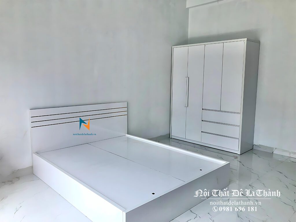 Bộ giường tủ giá rẻ Hà Nội gồm giường và tủ màu trắng, kích thước 1m6x2m mỗi món