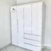 Tủ gỗ mdf giá rẻ, màu trắng, kích thước 1m6x2m, gồm 3 ngăn kéo, 2 buồng, 4 cánh