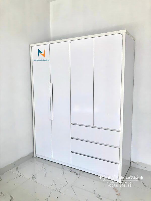 Tủ gỗ mdf giá rẻ, màu trắng, kích thước 1m6x2m, gồm 3 ngăn kéo, 2 buồng, 4 cánh