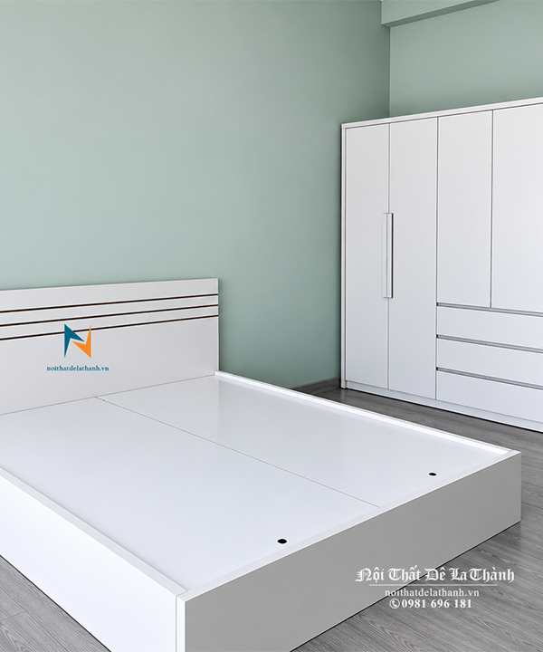 Bộ giường tủ giá rẻ Hà Nội gồm giường và tủ màu trắng, kích thước 1m6x2m mỗi món