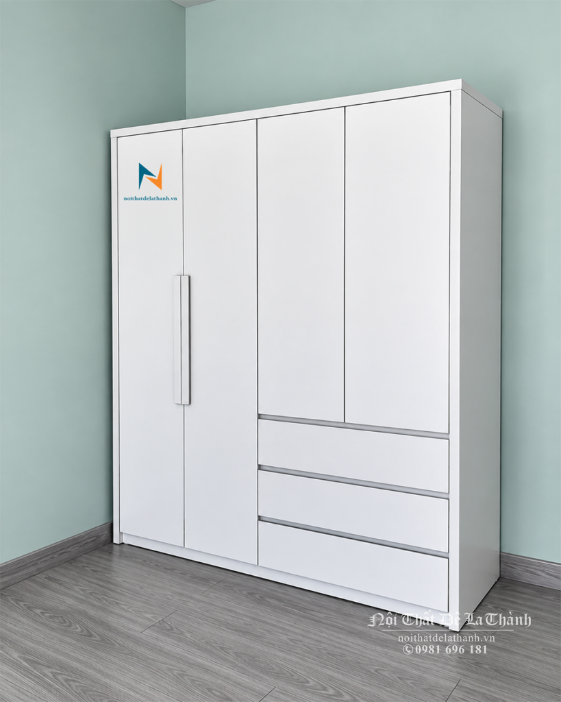 Tủ gỗ mdf giá rẻ, màu trắng, kích thước 1m6x2m, gồm 3 ngăn kéo, 2 buồng, 4 cánh