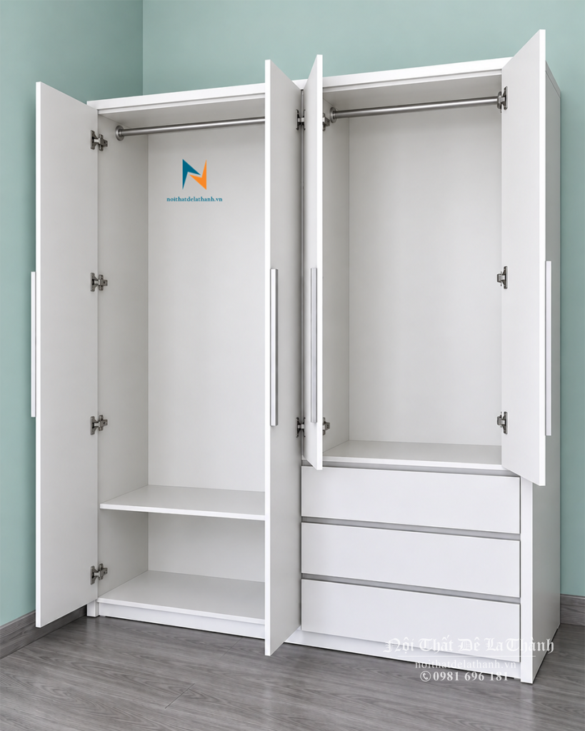 Thiết kế bên trong chiếc tủ màu trắng 1m6x2m: có 3 ngăn kéo bên ngoài, bên trong có 2 khoang treo đồ, 1 tấm đợt để quần áo gấp